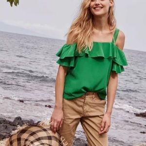 J. Crew Cold Shoulder Green 100% Silk Ruffle Flounce Top